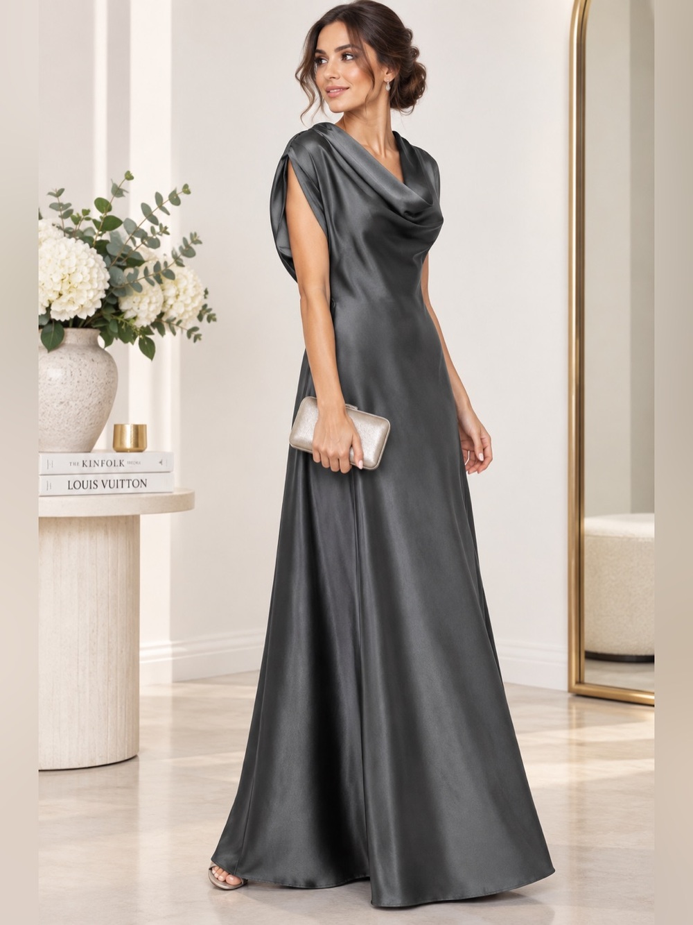 Zara Gunmetal Grey Cowl-Neck Maxi Dress